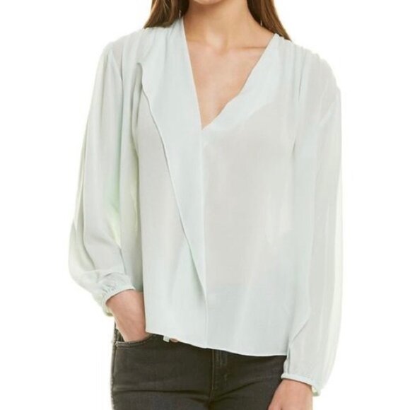 Vince Shirred Silk Blouse Womens Size Small Draped Front Light Green Long Sleeve - Picture 12 of 12